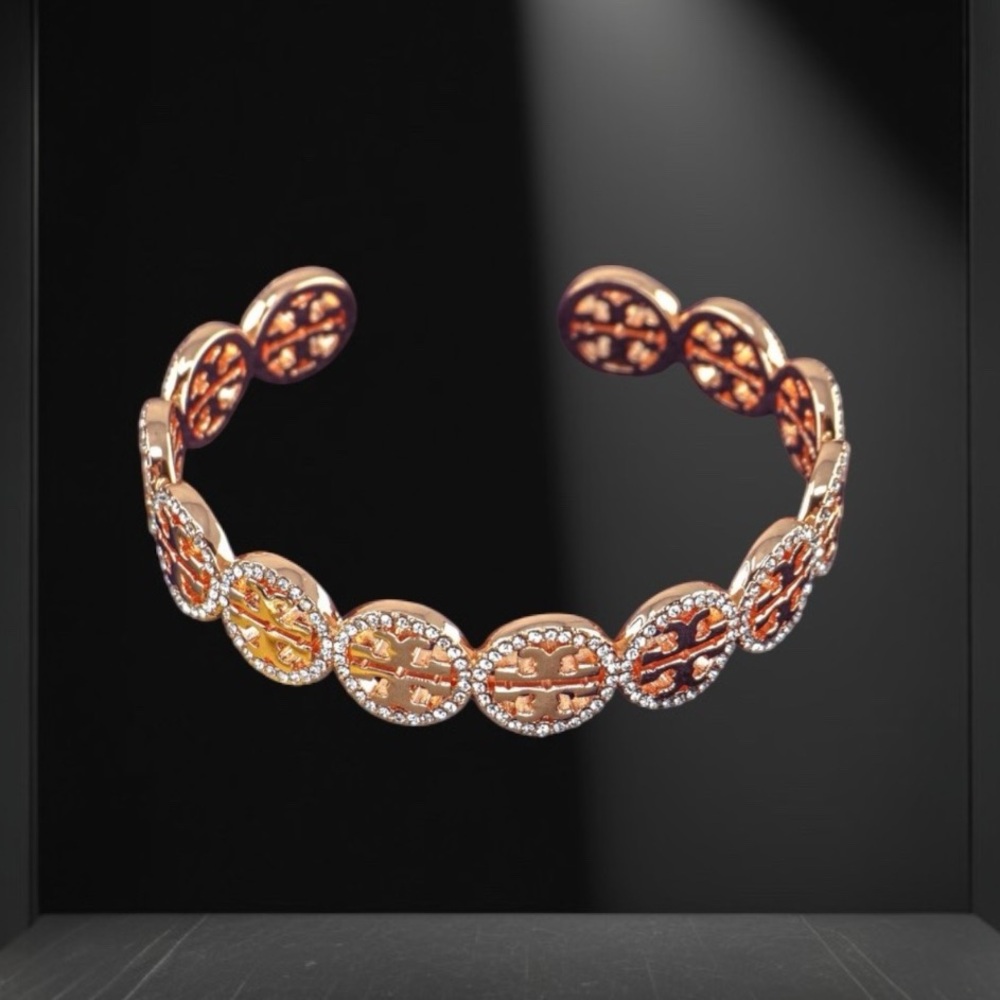 Tory Burch Miller Pave Repeating Logo Crystal Cuff Bracelet Bangle in Rose Gold
